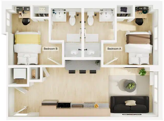 A 3D image of the 2BR/2BA – B2 floorplan, a 668 squarefoot, 2 bed / 2 bath unit